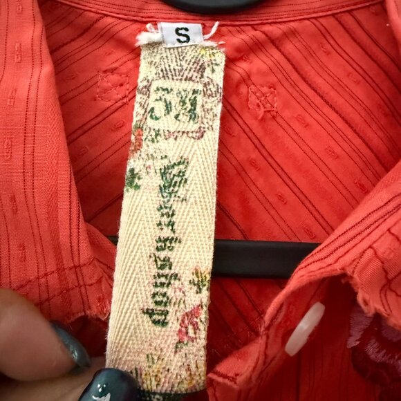 Johnny Was 3J Workshop Coral Red Floral Embroidered Striped Shirt Womens Small - Picture 2 of 5